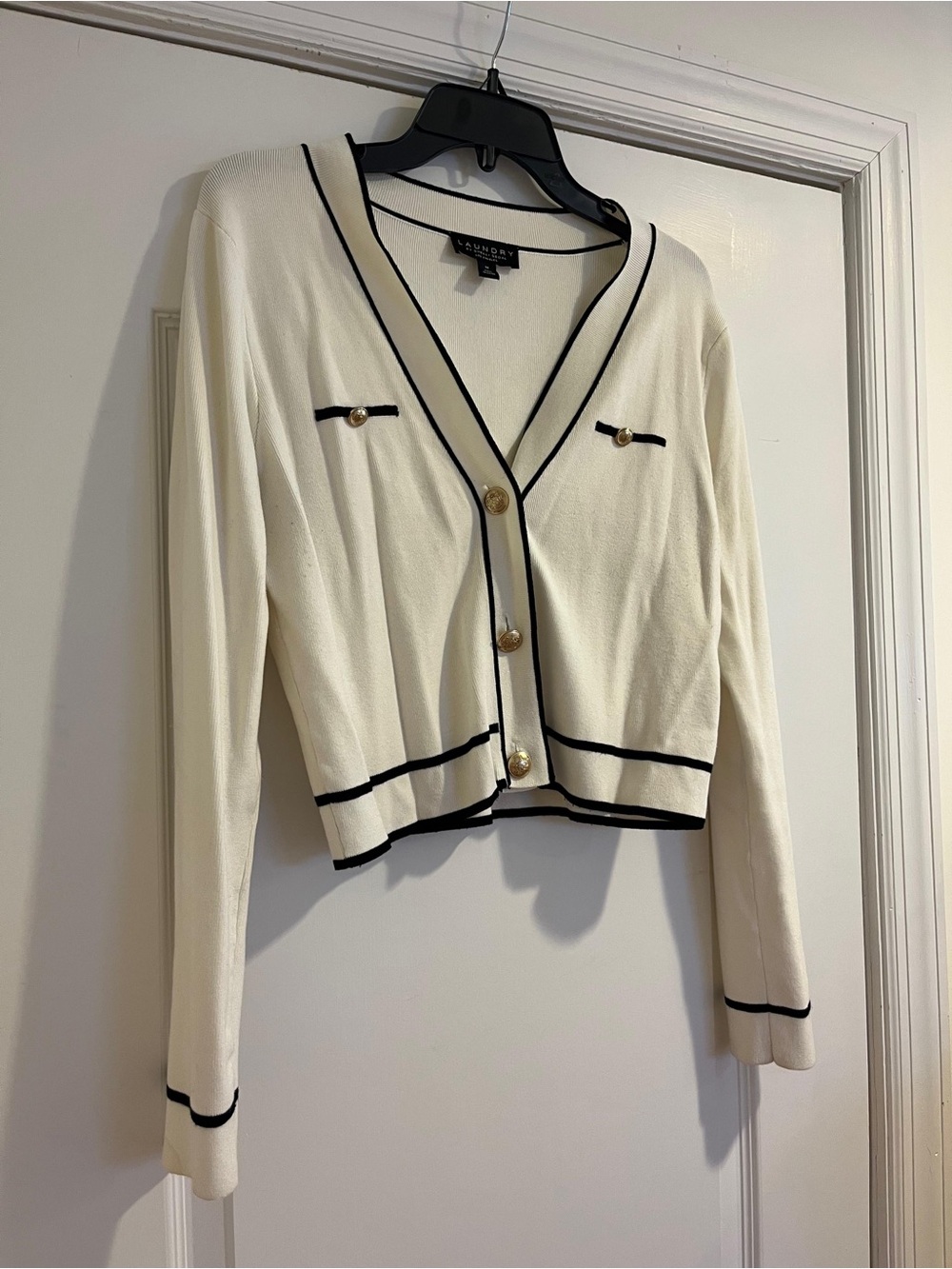 Laundry By Shelli Segal Cream V-Neck Cropped Cardigan with Black Trim